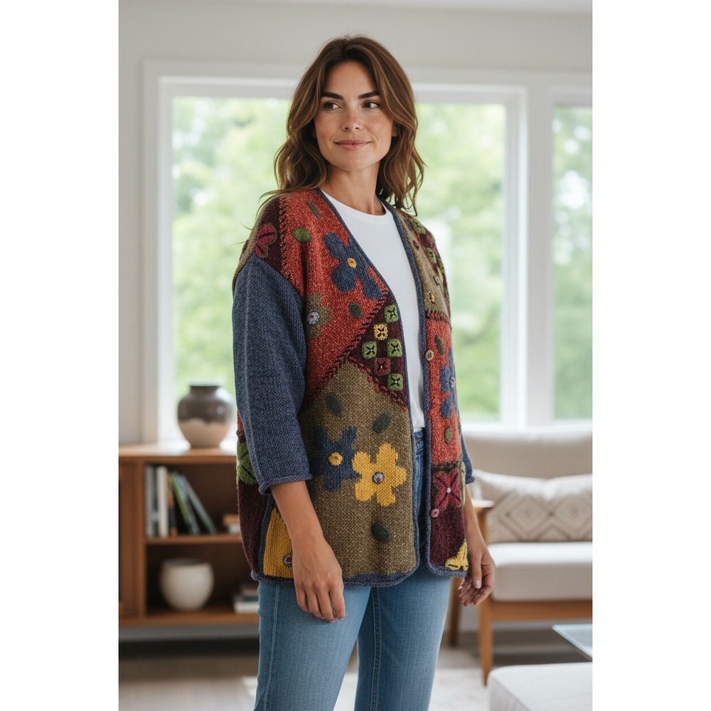 VTG Susan Bristol Patchwork Cottagecore Knit Cardigan Sweater Women L Grannycore